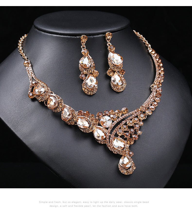 Exaggerated Vintage Alloy Necklace Set for Women with Rhinestone Accents Snake Chain and Matching Earrings Floral Wheat and Tree Motifs