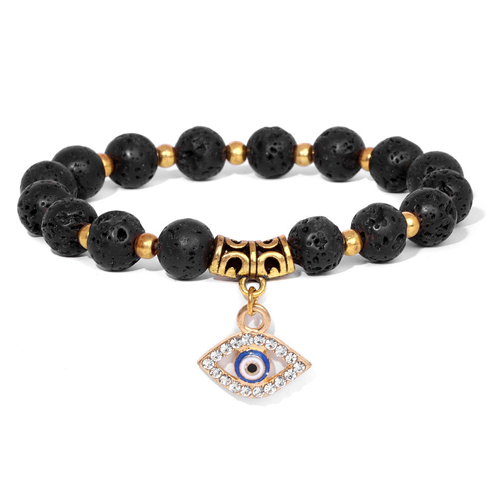 Vintage Minimalist Geometric Agate Beaded Bracelet with Evil Eye Pendant Unisex Jewelry