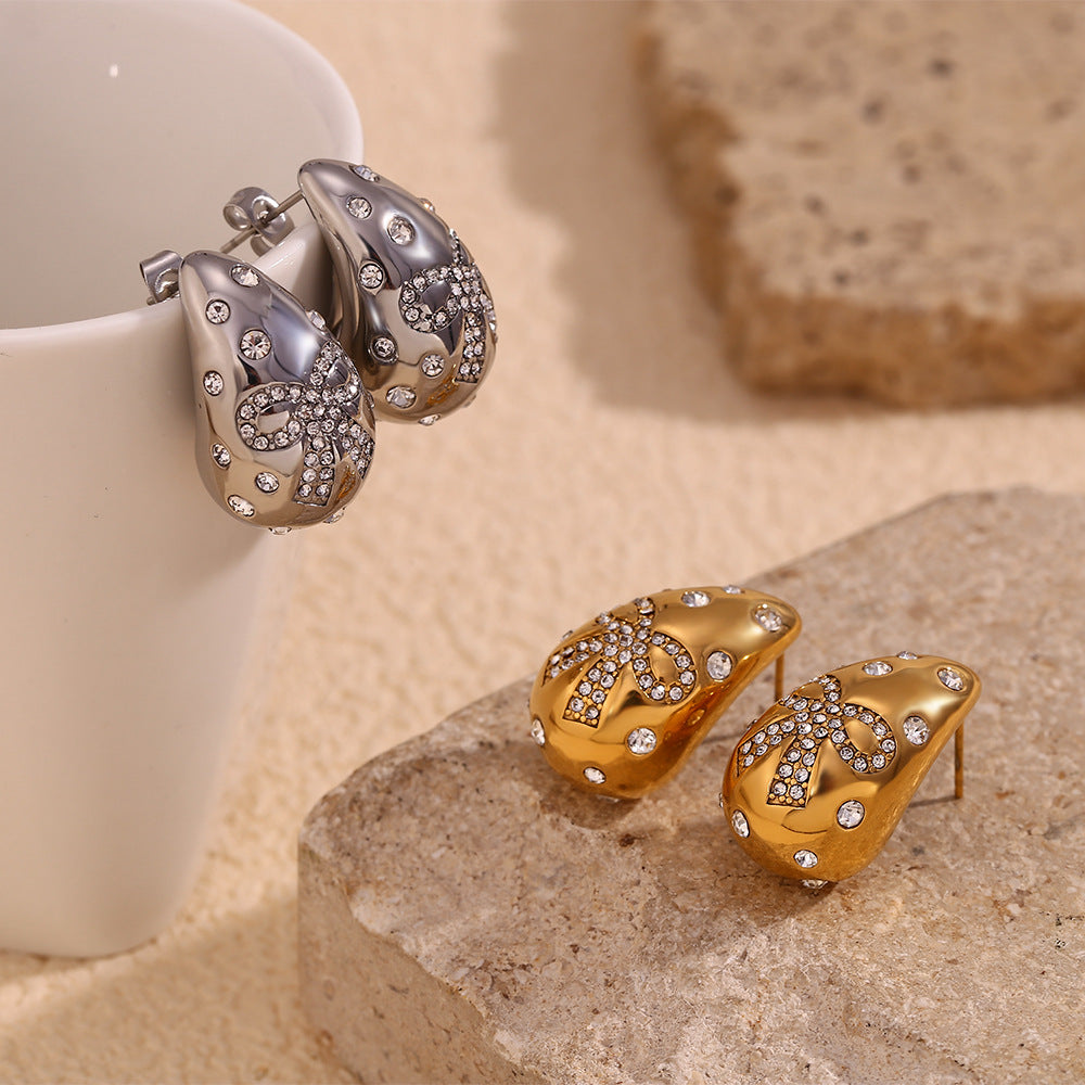 Fashionable Water-Drop-Shaped Stainless Steel Earrings with 18K Gold Plating and Rhinestone Inlay for Women