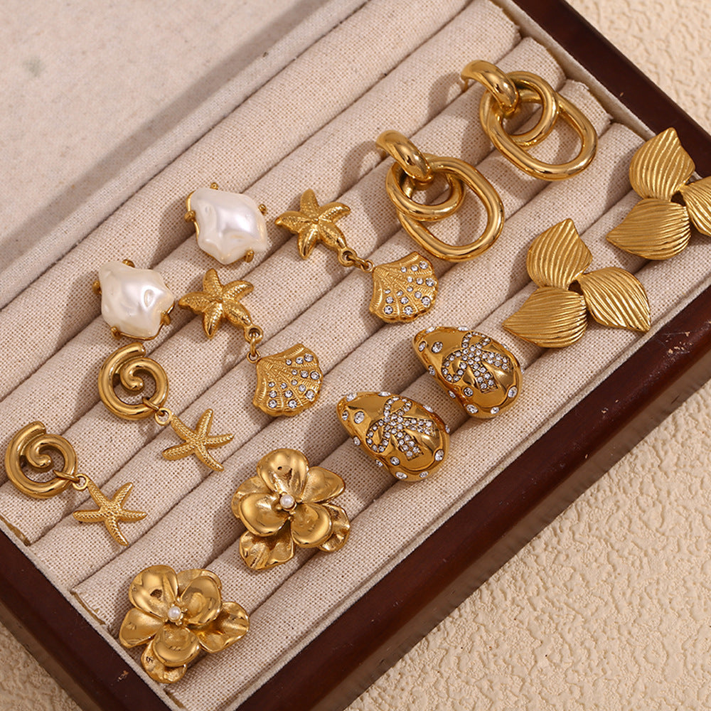 Orecchini da donna con stella marina floreale vintage in acciaio inossidabile placcati oro 18K