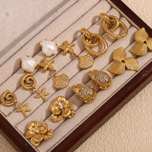 Orecchini da donna con stella marina floreale vintage in acciaio inossidabile placcati oro 18K