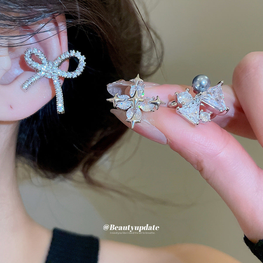 Orecchini a clip di lusso a forma di fiocco geometrico da donna con intarsio in zircone in rame