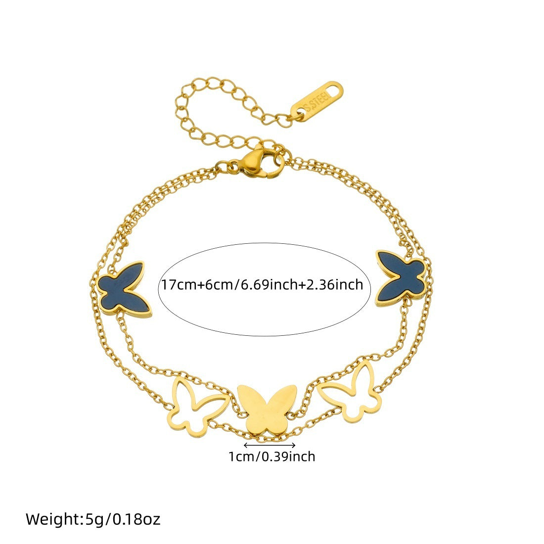 Hollow Black Butterfly Stainless Steel Gold Plated Double Layer Chain Bracelet for Women