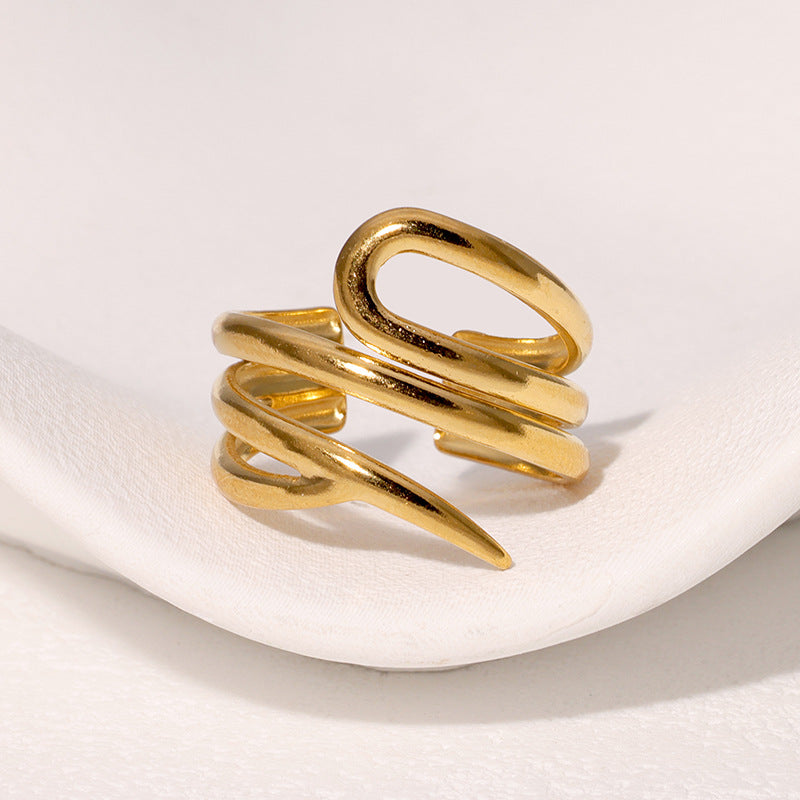 Anello aperto da donna in acciaio inossidabile geometrico minimalista con finitura placcata e design dalle linee pulite