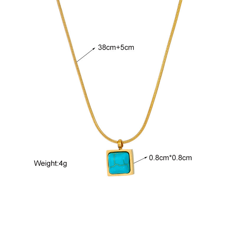 Vintage Minimalist Square Turquoise Pendant Necklace in Titanium Steel with Plated Finish and Standard Chain