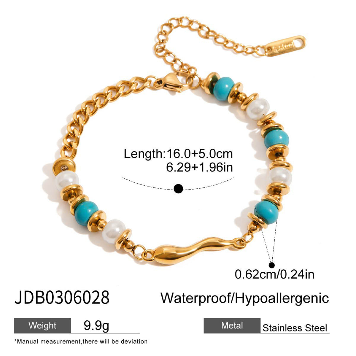 Pulsera geométrica de acero inoxidable chapado para mujer con detalles de turquesa, joyería de lujo minimalista