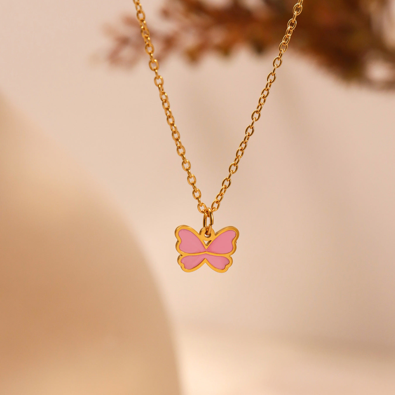 Pink Butterfly Necklace Set for Girls with Stainless Steel Chain and Titanium Steel Pendant, Enamel Finish, Fashionable Minimalist Jewelry Collection Including Necklace, Bracelet, Ring, and Earrings