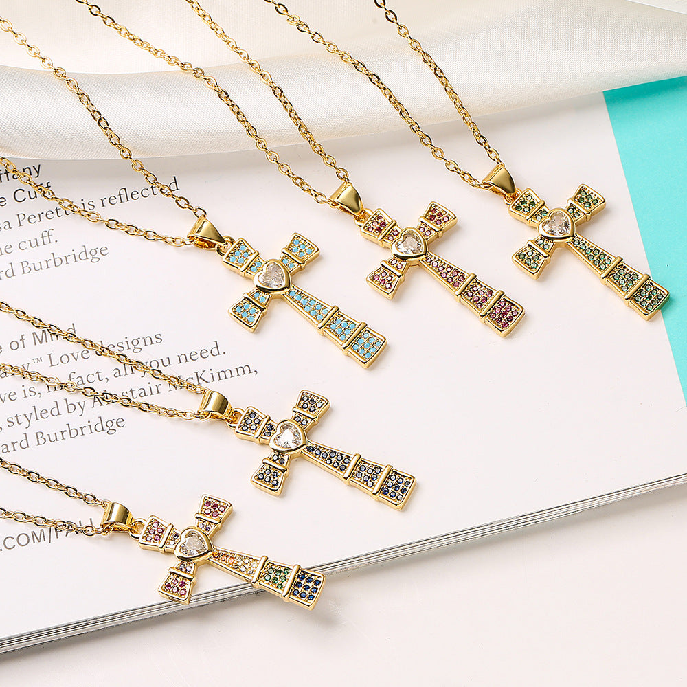Geometric Cross Pendant Necklace for Women Made of Copper with 18K Gold Plating and Zircon Inlay