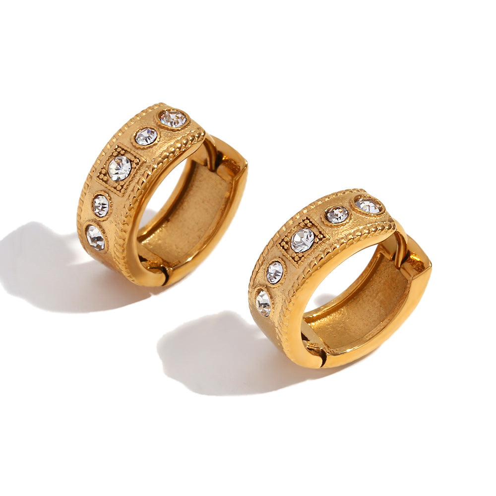 Orecchini a polsino geometrici vintage alla moda in acciaio inossidabile placcati oro 18 carati con strass, per donna