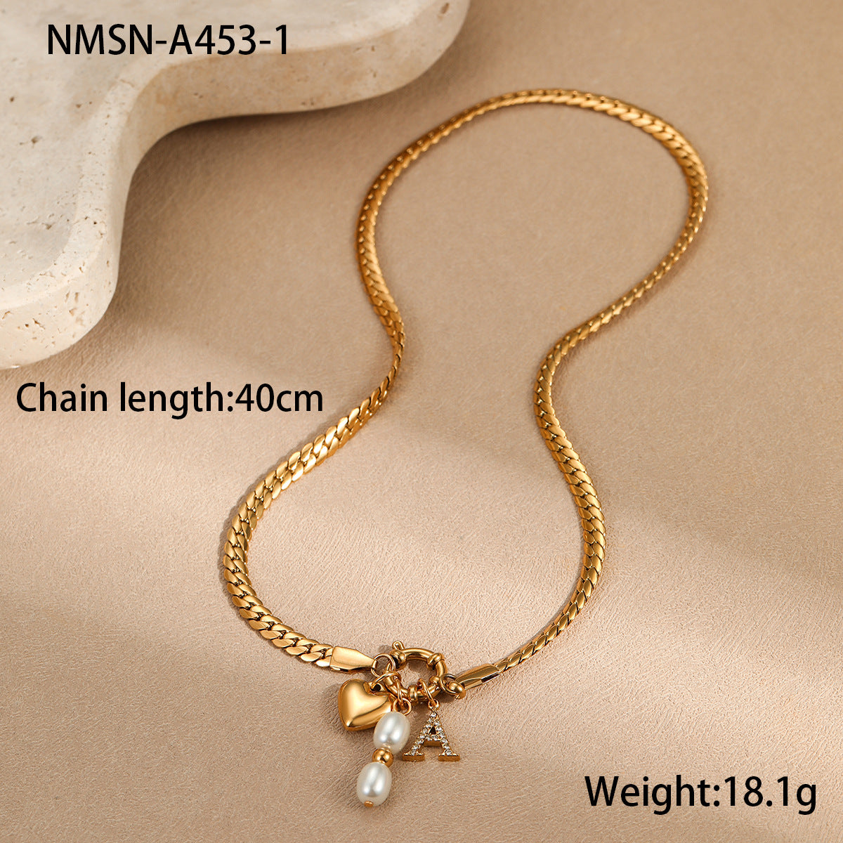 Collana da donna alla moda con ciondolo a cuore con lettera, geometrico, con perle in acciaio inossidabile placcato oro 18 carati