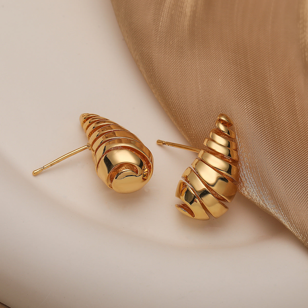 Minimalist Spiral Teardrop Earrings for Women in Copper with Gold Plating and Micro-Pave Setting