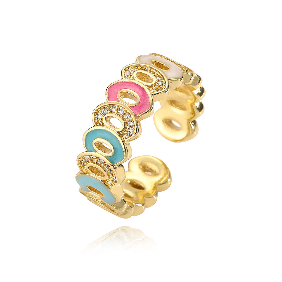 Bohemian Style Geometric Open Ring for Women Made of Copper with Real Gold Plating and Zircon Inlay with Enamel Finish