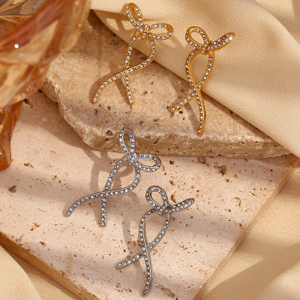 Minimalist Twisted Butterfly Stud Earrings in Stainless Steel with 18K Gold Plating and Full Rhinestone Inlay for Women