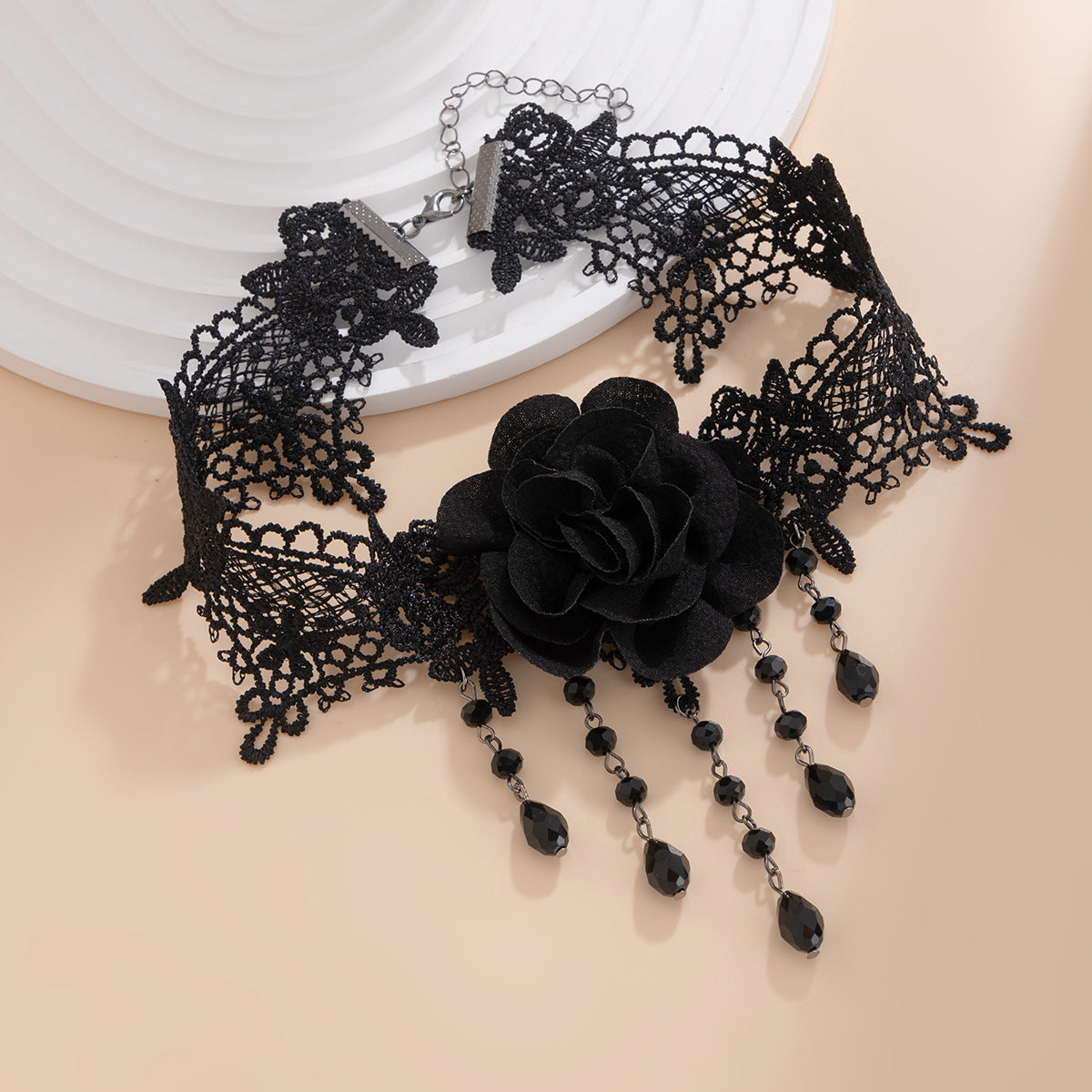 Gothic Black Lace Tassel Pendant Choker Necklace with Rose Floral Design and Rhinestone Accents for Women