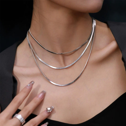 Minimalist Flat Snake Chain Necklace in Titanium Steel with Gold Plating for Women, Extra-Long Layering Necklace