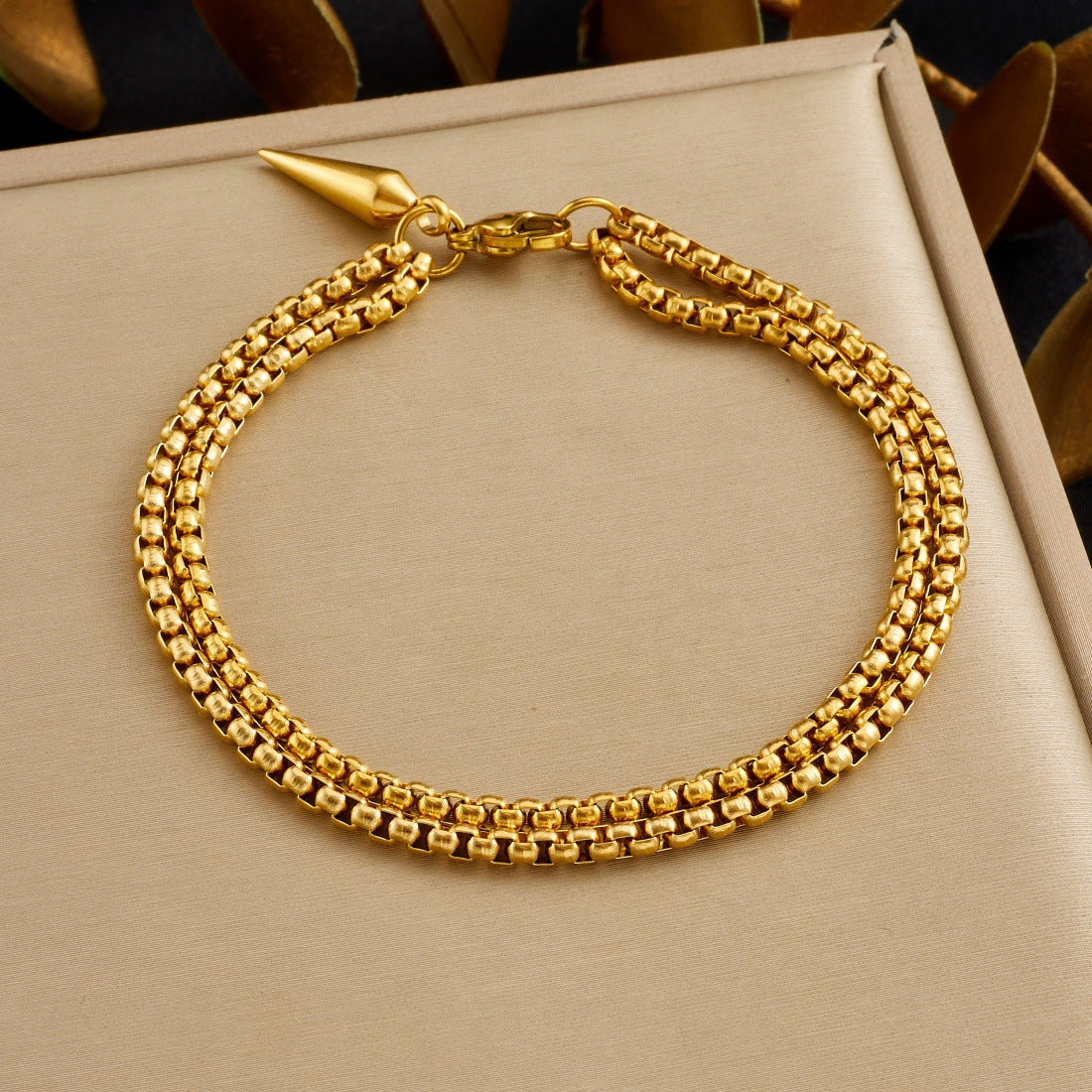Minimalist Punk Gold Plated Stainless Steel Polka Dot Rivet Layered Bracelet for Women