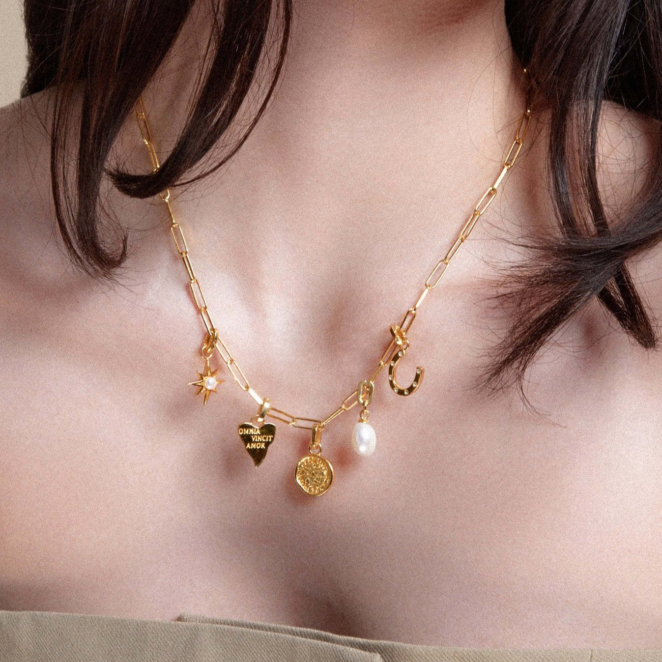 Heart Geometric Stainless Steel PVD Necklace with Cubic Zirconia and Agate Inlay