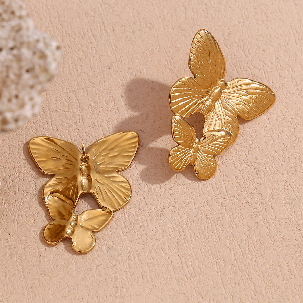 Pendientes de mariposa de moda vintage para mujer de acero inoxidable con chapado en oro de 18 quilates