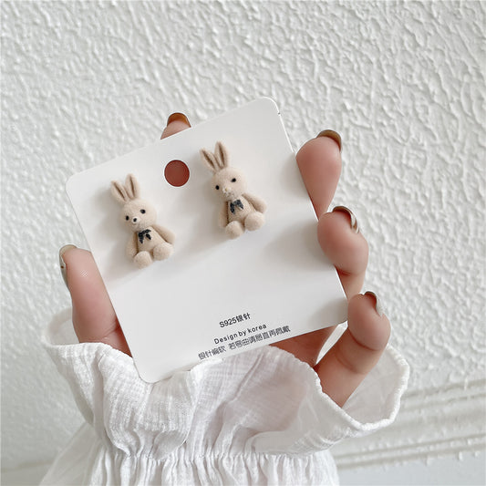 Cute Cartoon Rabbit Velvet Earrings with 925 Sterling Silver Posts for Women