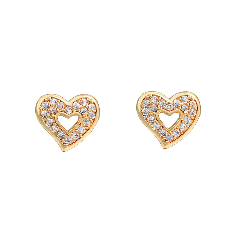 Minimalist Elegant Gold Plated Brass Heart Earrings with Micro-Inlaid Cubic Zirconia