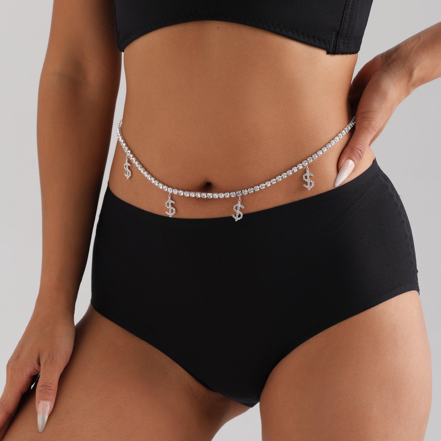Hip-hop Punk Rhinestone Curb Chain Waist Belt for Women