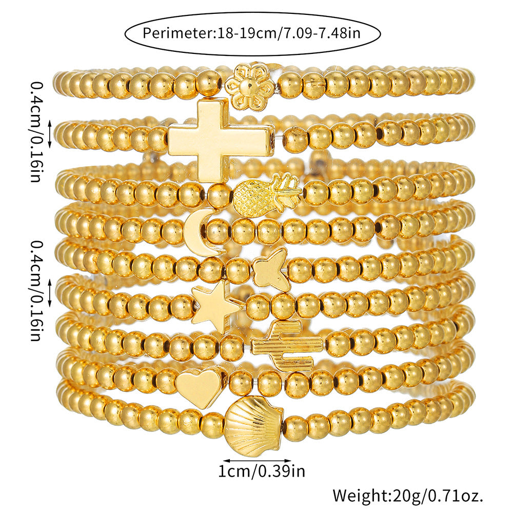 Bracciale elastico da donna con luna geometrica minimalista, croce, cactus e conchiglia a forma di cuore