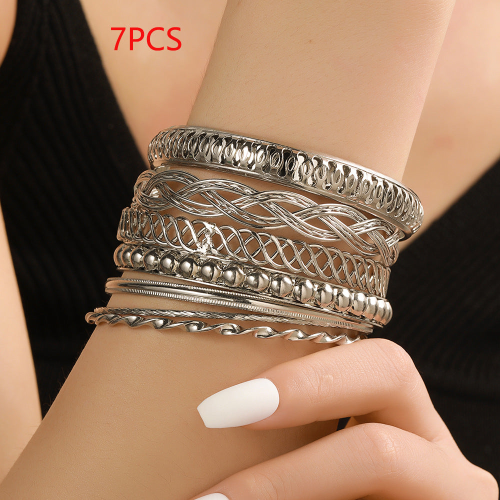 Geometric Round Plated Alloy Multi-Layer Bracelet Set