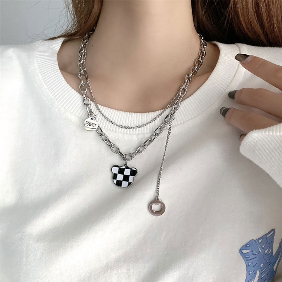 Minimalist Checkerboard Pattern Titanium Steel Double Layer Necklace for Women and Men with Enamel Finish