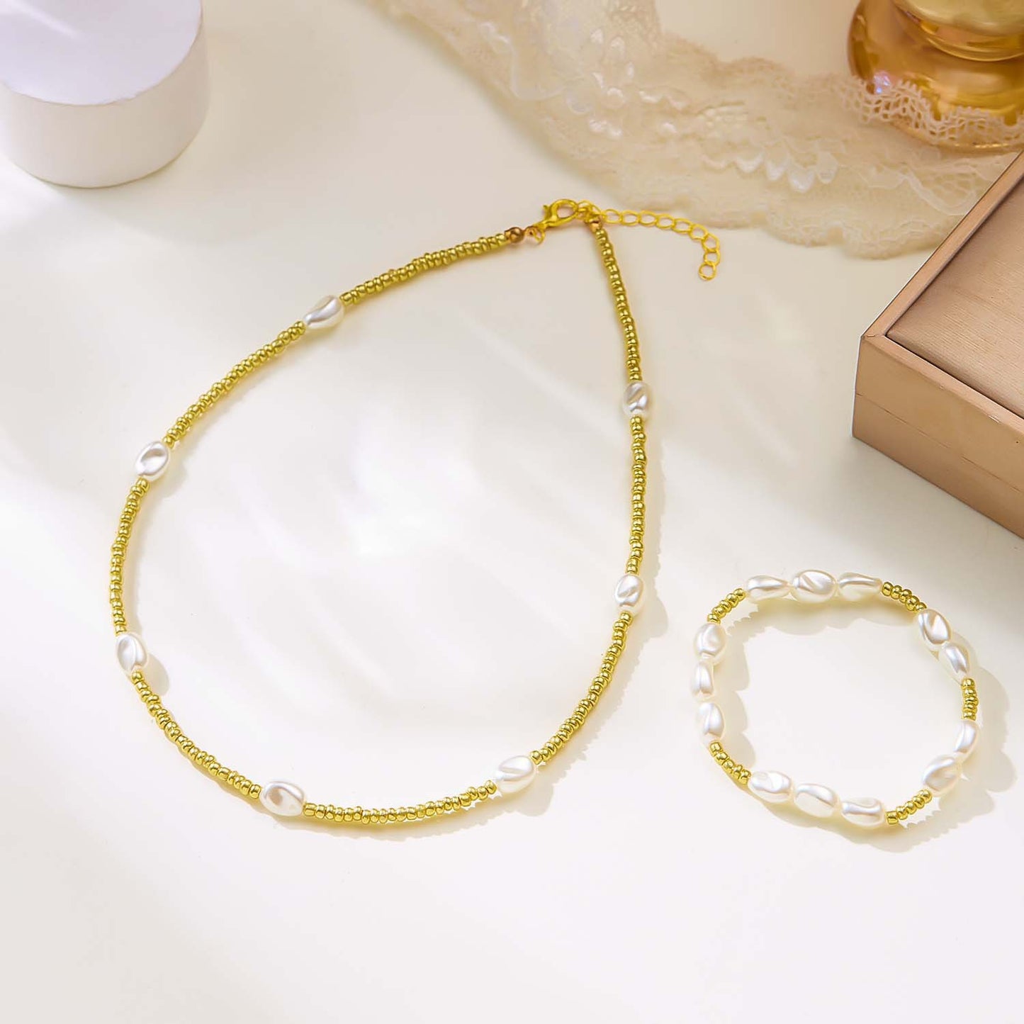 Elegant Oval Alloy Plated Pearl Beaded Necklace Bracelet Set for Women