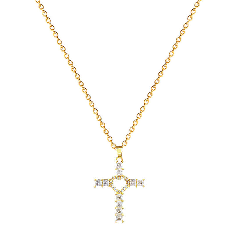 Minimalist Heart Cross Pendant Necklace in Titanium Steel with Rhinestone Inlay for Women