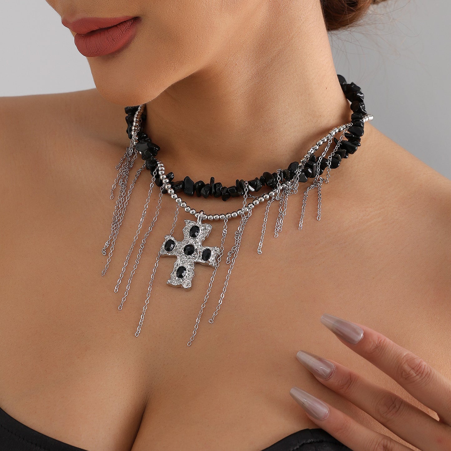 Gothic Streetwear Cross Geometric Alloy Plated Necklace with Black Stone Tassel for Women