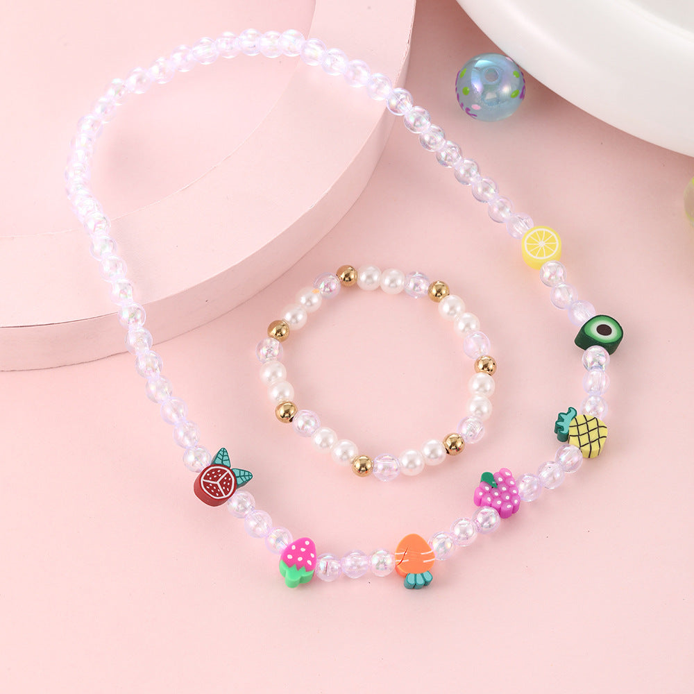 Cartoon Style Fruit-Shaped Resin and Polymer Clay Necklace Set with Beaded Chain for Children