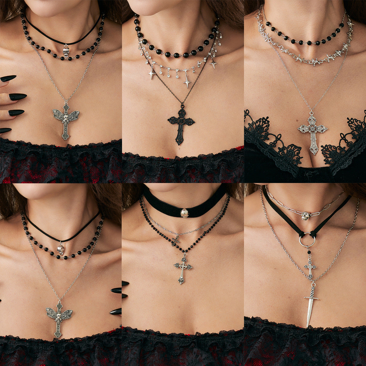 Gothic Alloy Cross Pendant Necklace Black Velvet Skull Choker for Women