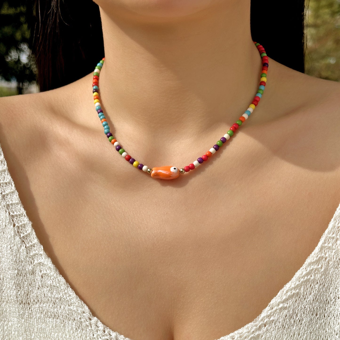 Bohemian Sweet Geometric Ceramic Resin Fish Starfish Turquoise Tassel Beaded Necklace for Women