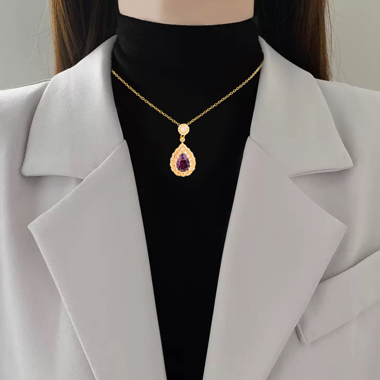 Sweet Sporty Purple Teardrop Heart Crystal Pendant Titanium Steel Necklace Cable Chain
