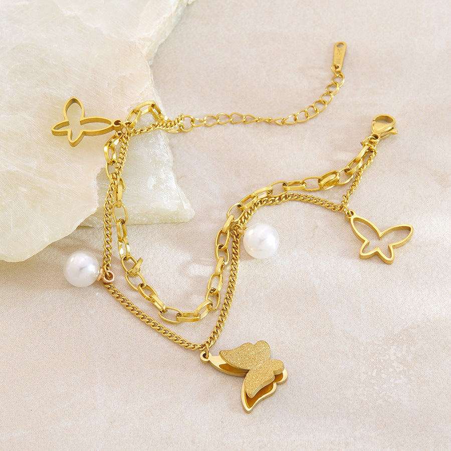 Minimalist Sweet Butterfly Geometric Stainless Steel Plated Bracelet with Pearl Double Layer Design for Women