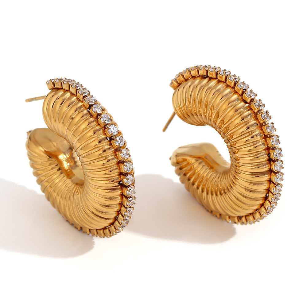 Fashionable Geometric Stainless Steel Hoop Earrings with 18K Gold Plating and Zircon Inlay for Women