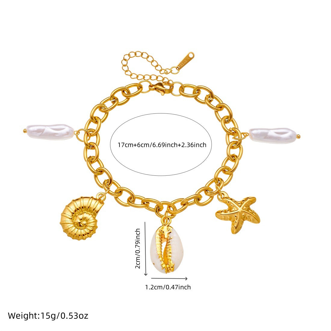 Fashion Gold Plated Starfish and Conch Shell Pendant Stainless Steel Bracelet for Women