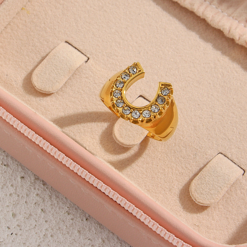 Anello da donna in acciaio inossidabile placcato oro 18K a forma di U con zircone, design geometrico e minimalista