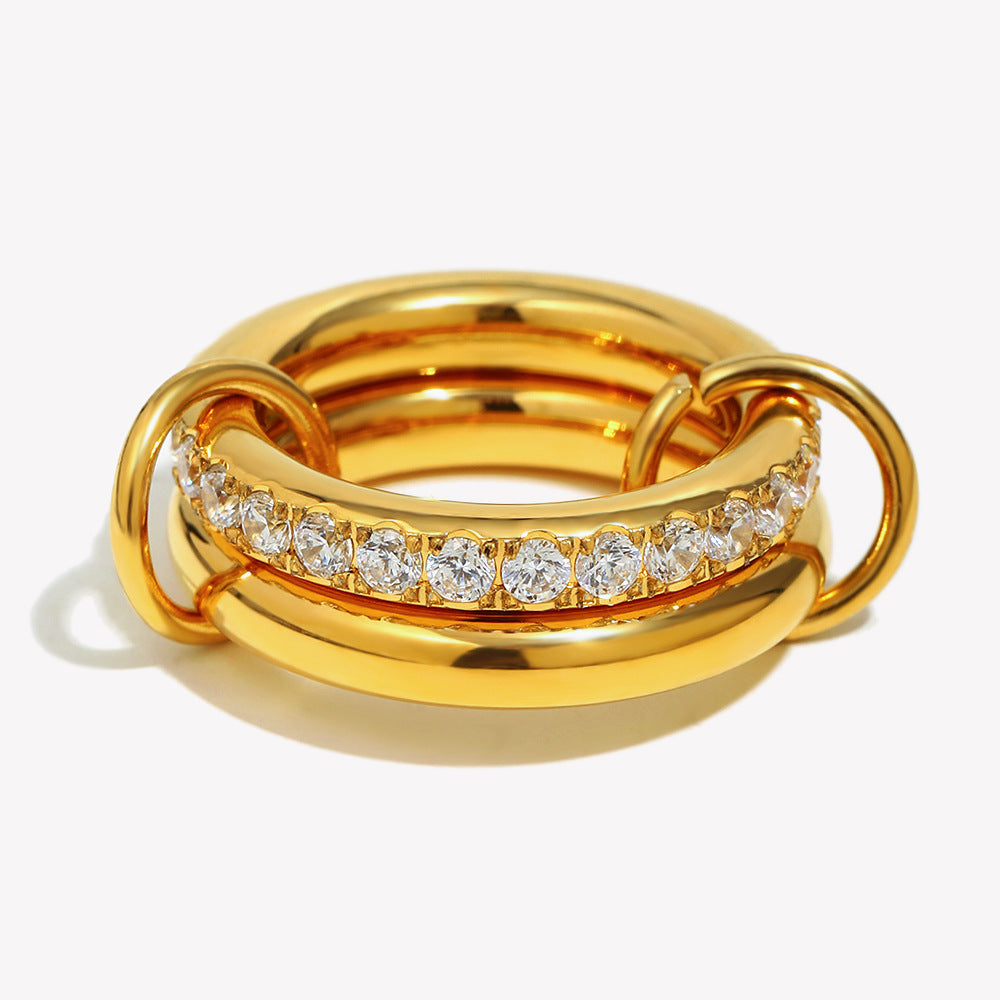 Minimalist Geometric Stainless Steel Ring with 18K Gold Plating and Double-Layer Zircon Inlay for Women