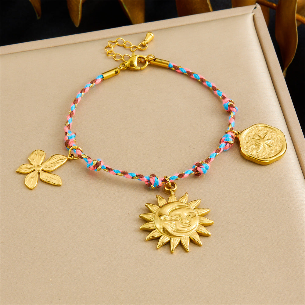 Minimalist Gold Plated Stainless Steel Floral Sun Round Pendant Bracelet