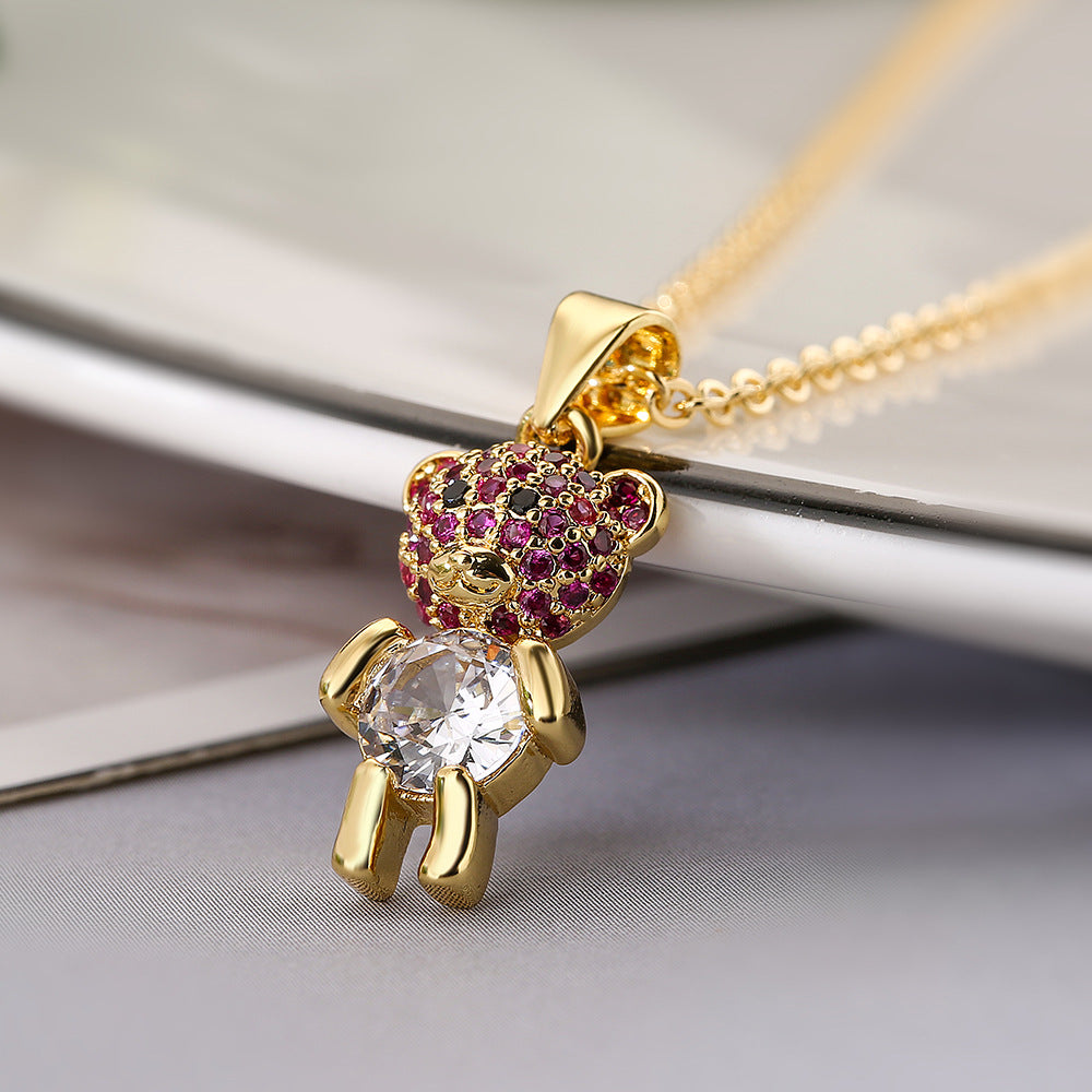 Minimalist Bear-Shaped Copper Pendant Necklace for Women with Cubic Zirconia Accents