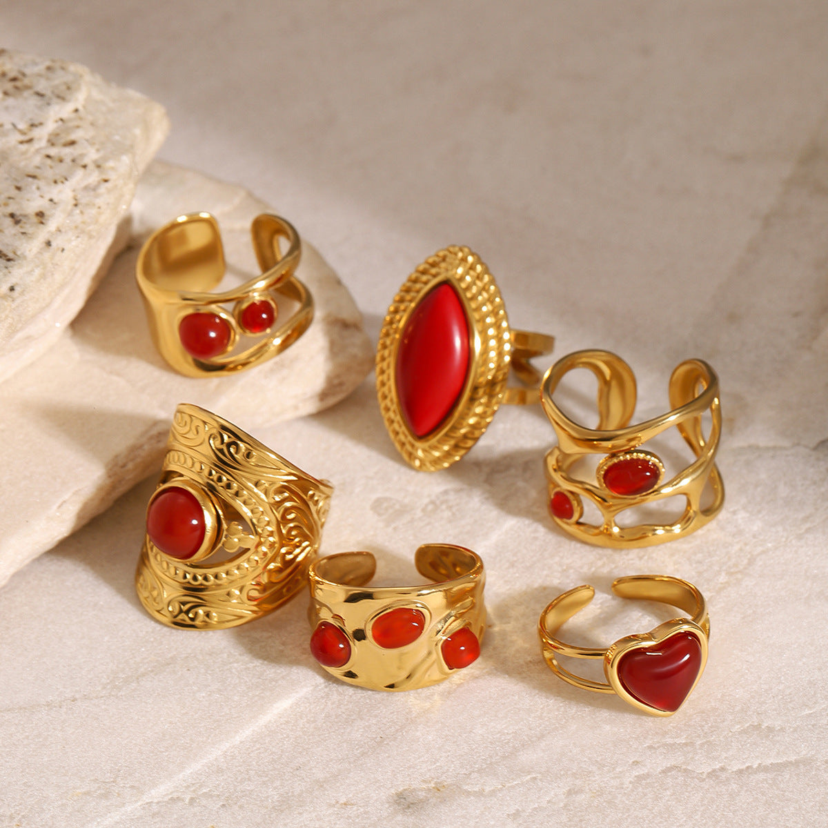Anello geometrico in acciaio inossidabile con intarsio in agata rossa da donna, accessorio di moda regolabile aperto elettroplaccato