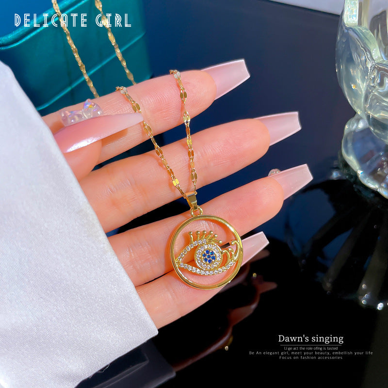 Elegant Eyelash Eye Geometric Pendant Necklace for Women in Titanium Steel with Micro-Pavé Gold Accents and Delicate Clavicle Chain