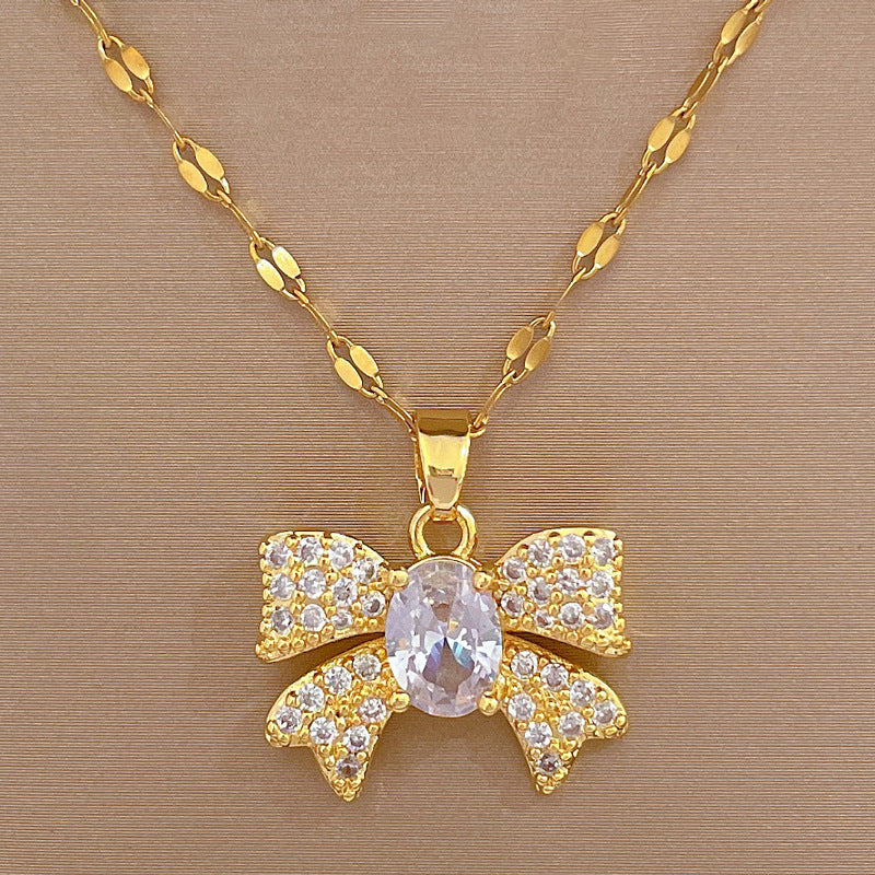 Luxury Micro-Paved Butterfly Pendant Necklace in Titanium Steel with Rhinestone Inlay for Women, Adjustable Chain 21-50 cm
