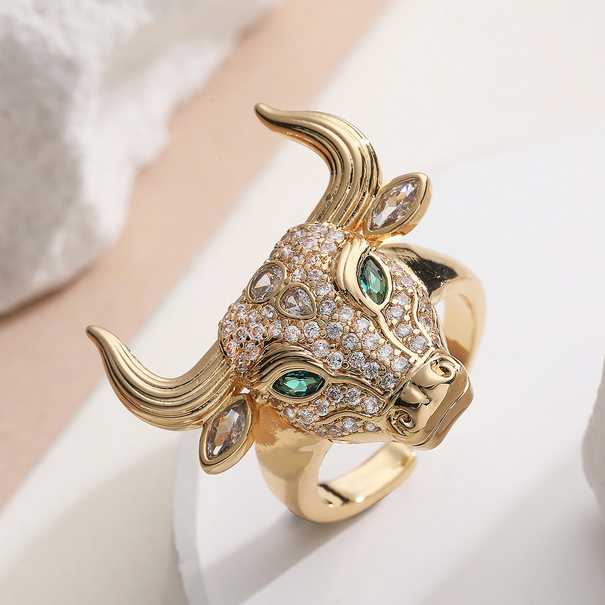 Hip-hop 18K Gold Plated Geometric Brass Ring with Cubic Zirconia for Women