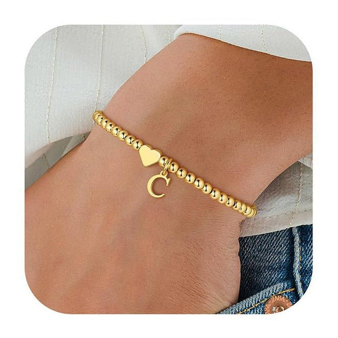 Gold Plated Stainless Steel Heart Letter Charm Bracelet for Women