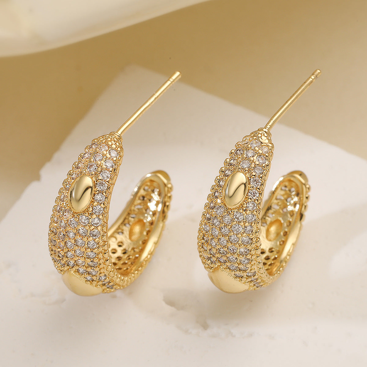Minimalist Elegant Geometric C-Shaped Gold Plated Brass Earrings with Cubic Zirconia for Women