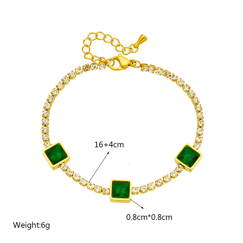 Fashionable Geometric Square Emerald Green Rhinestone Pendant Titanium Steel Bracelet for Women