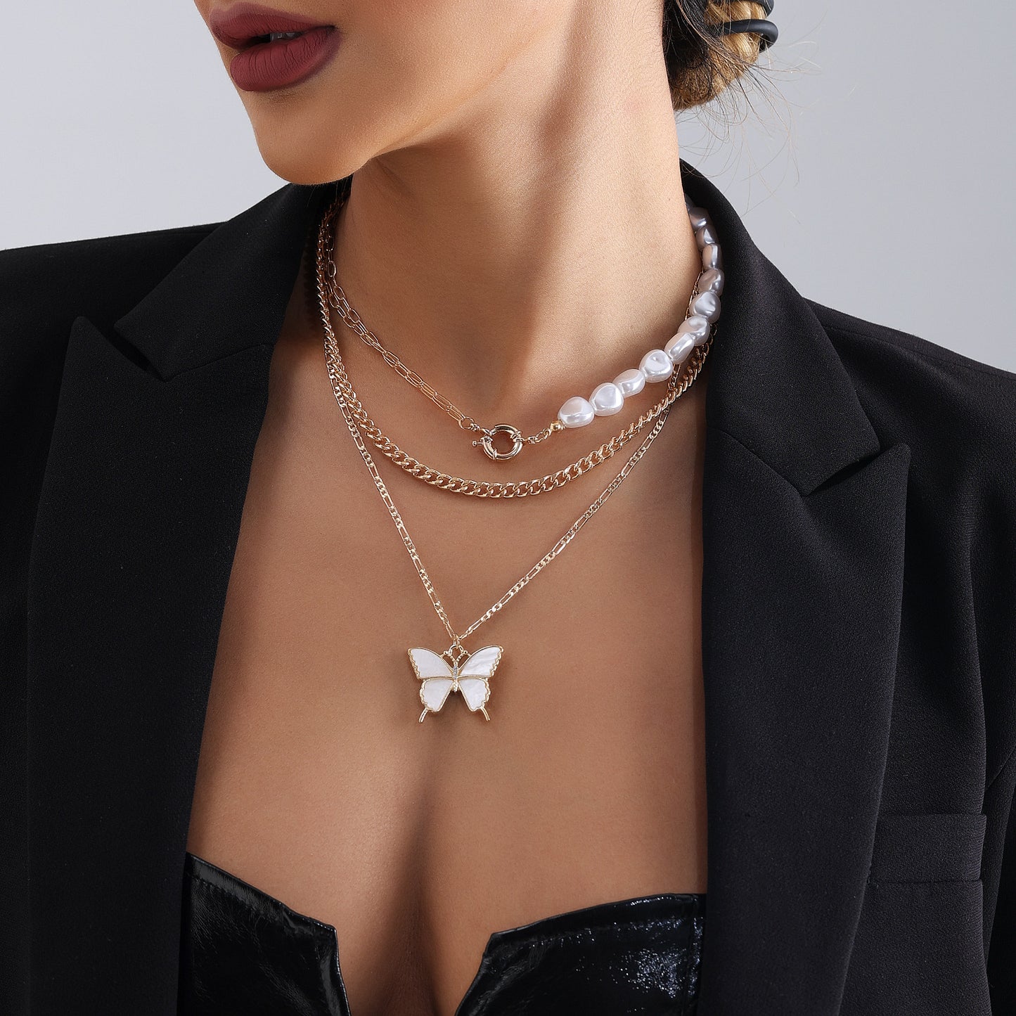 Minimalist Geometric Butterfly Pendant Necklace for Women with Imitation Pearl Accents and Plated Metal Chain